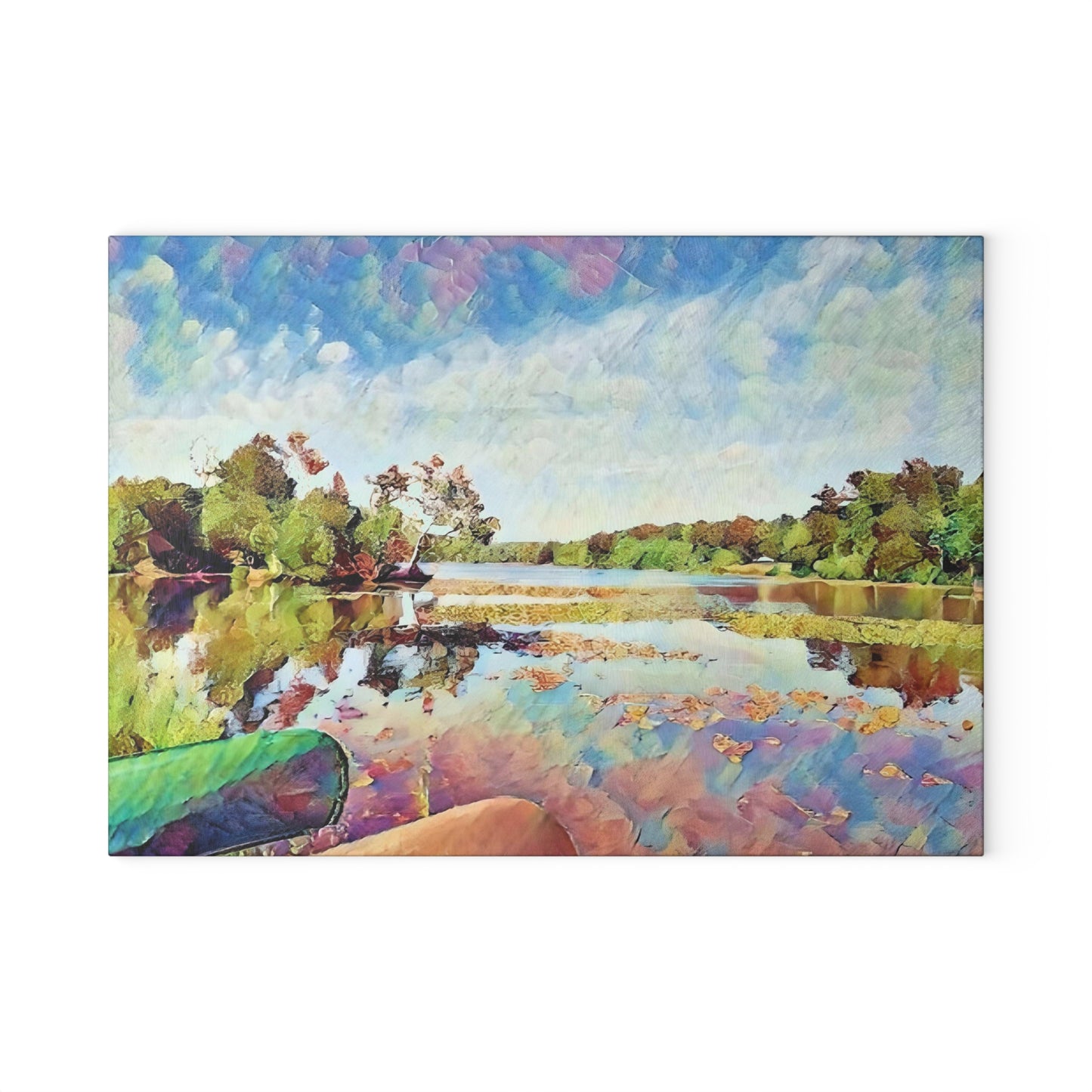Painted Lake Scene Glass Cutting Board
