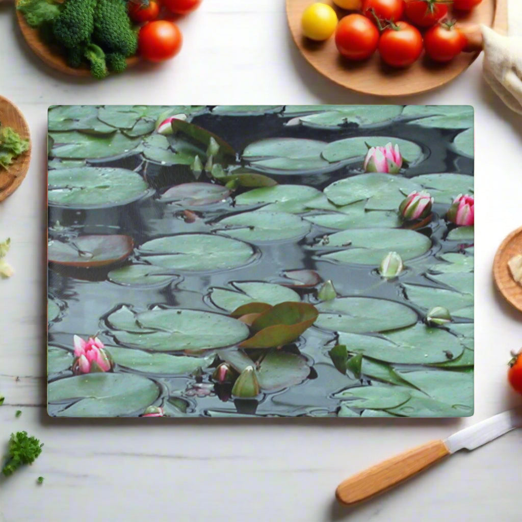 Serene Lily Pad Glass Cutting Board - Elegant Kitchen Décor