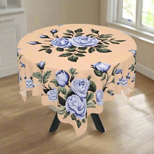 Blue Rose Vintage Square Tablecloth – Peach Background Cottagecore Decor