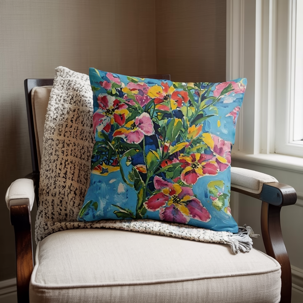 Summer Bloom Sky – Watercolor Floral Throw Pillow