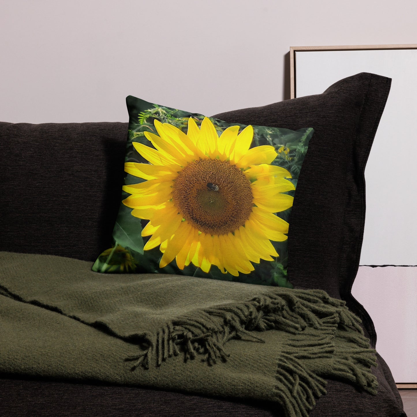 Sunflower and Bee Happy Pillow