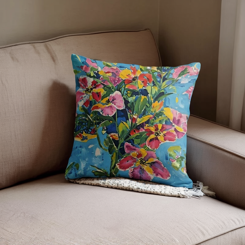 Summer Bloom Sky – Watercolor Floral Throw Pillow