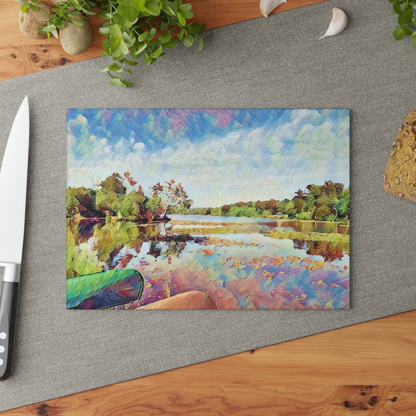 Painted Lake Scene Glass Cutting Board