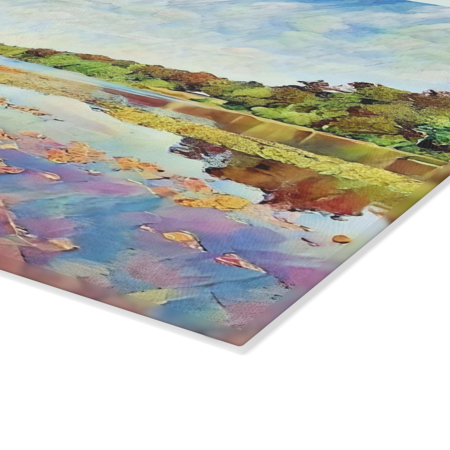 Painted Lake Scene Glass Cutting Board