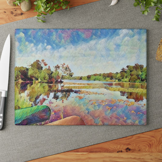 Painted Lake Scene Glass Cutting Board