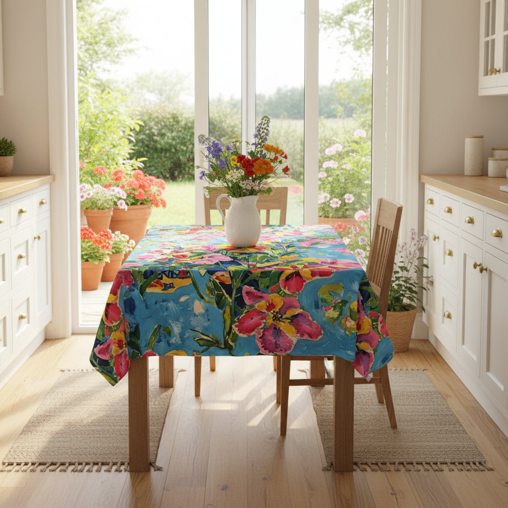 Floral Watercolor Tablecloth — Bright Blue Tropical Blossom Print