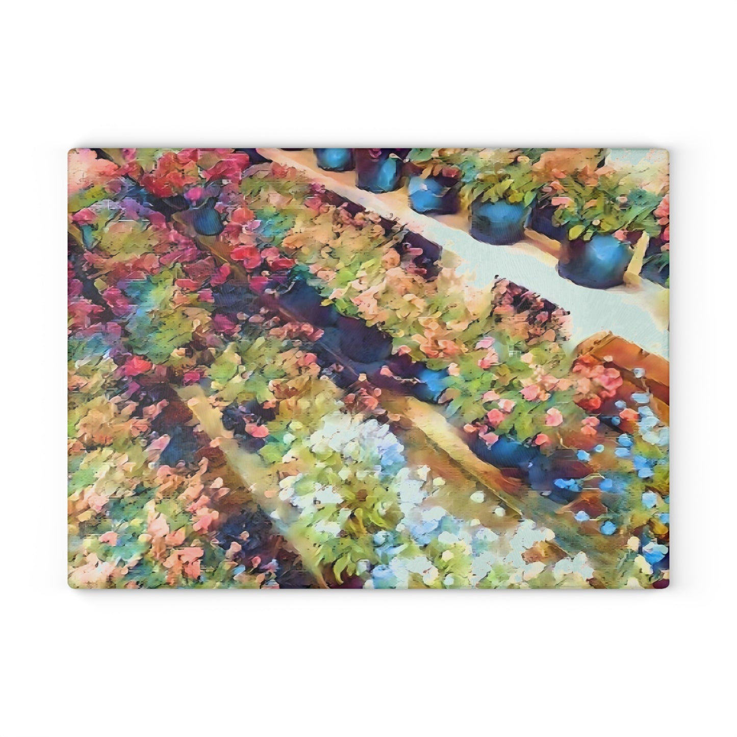 Impressionist Spring Flower Pot Glass Cutting Board