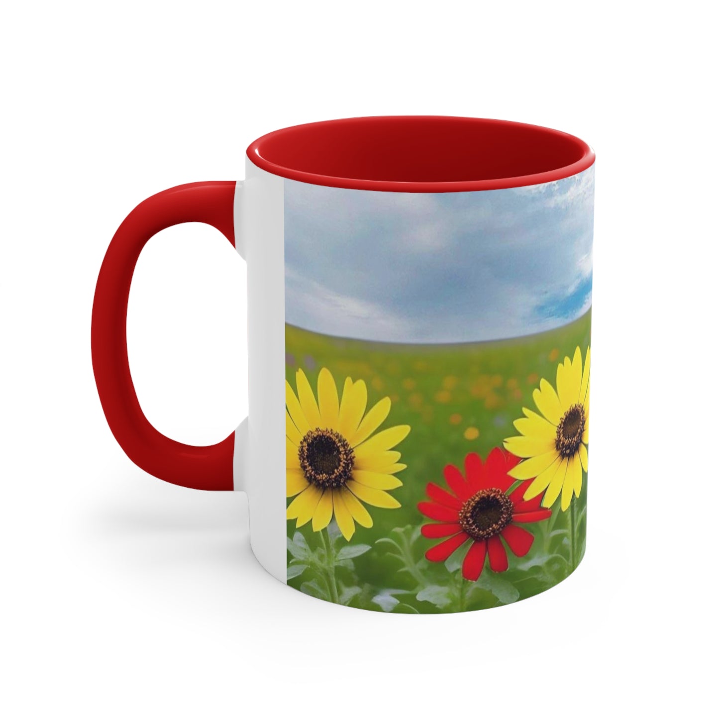 Daisies in a Field Red Accent Coffee Mug, 11oz