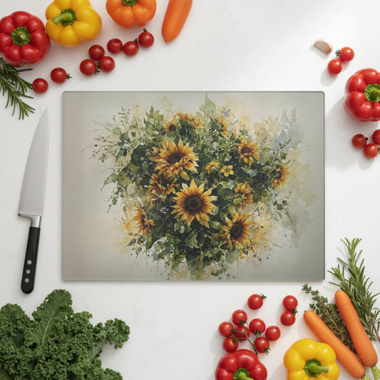 Sunflower Bouquet Glass Cutting Board — Bright Floral Kitchen Gift