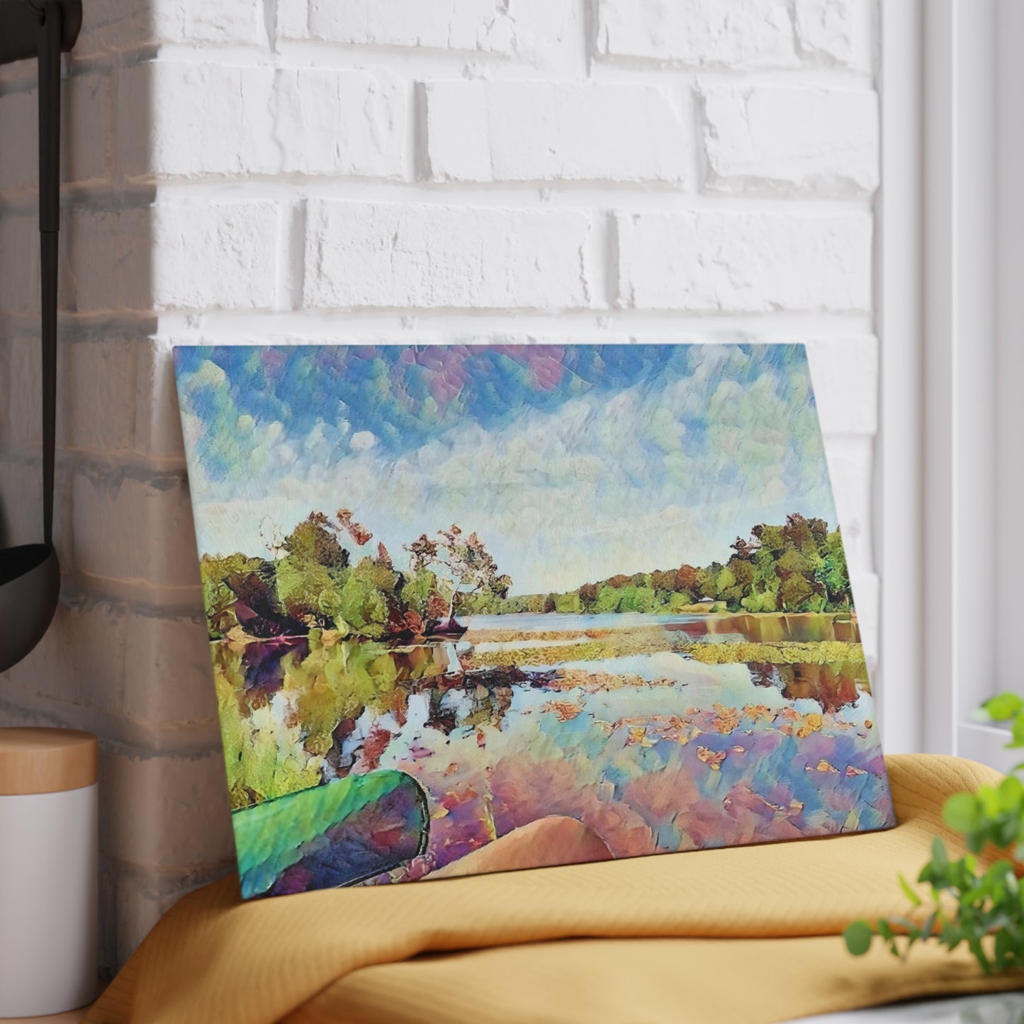 Painted Lake Scene Glass Cutting Board