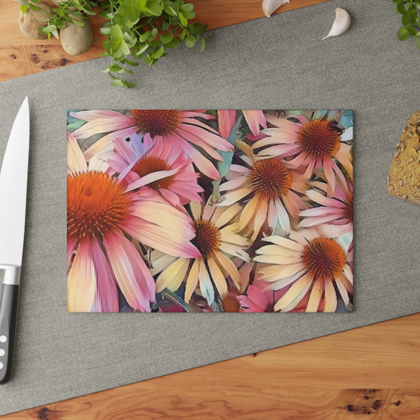 Pink Daisy Boho Glass Cutting Board