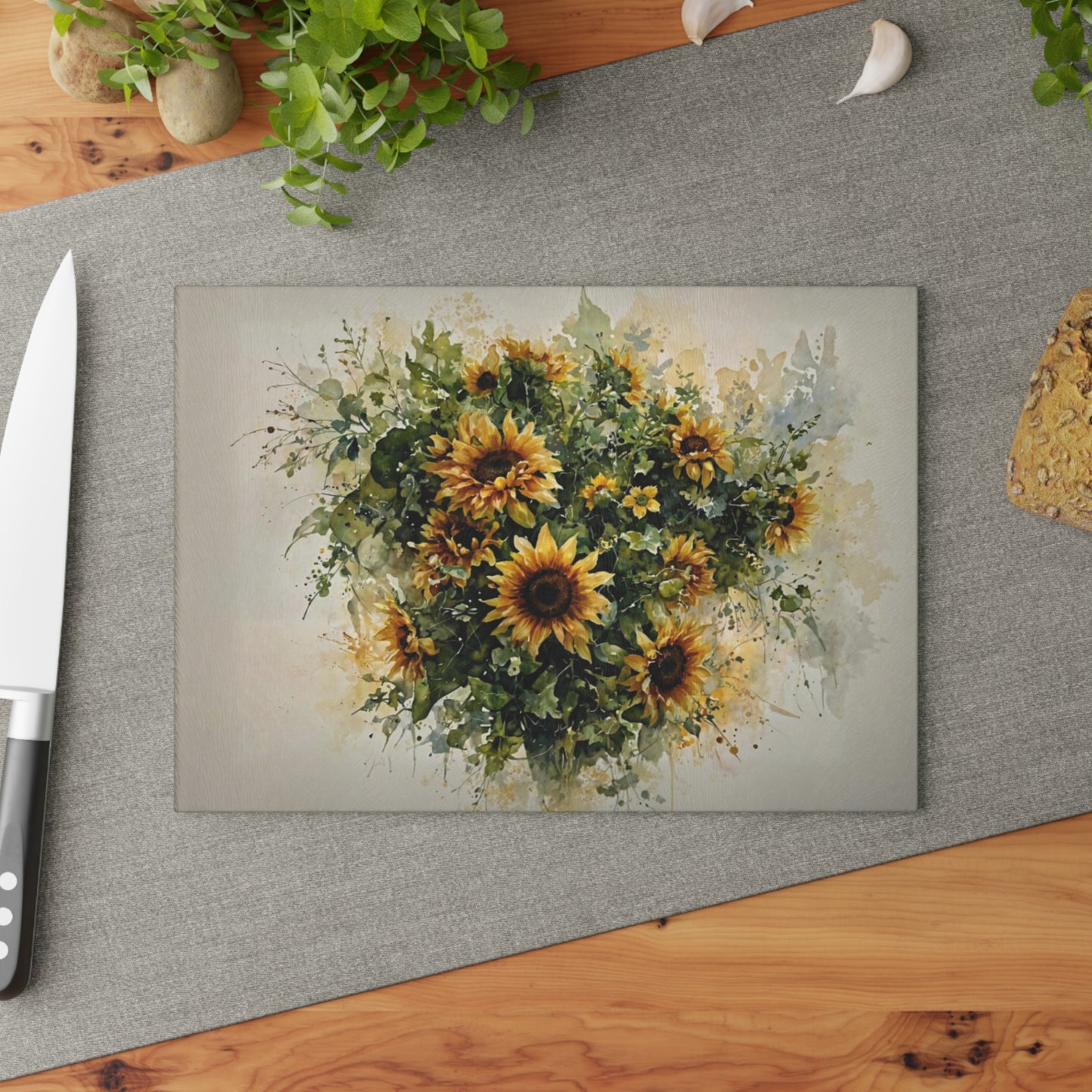 Sunflower Bouquet Glass Cutting Board — Bright Floral Kitchen Gift