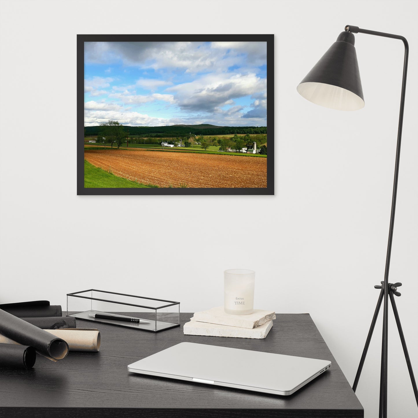 Farm Scene with Plowed Fields Framed Poster