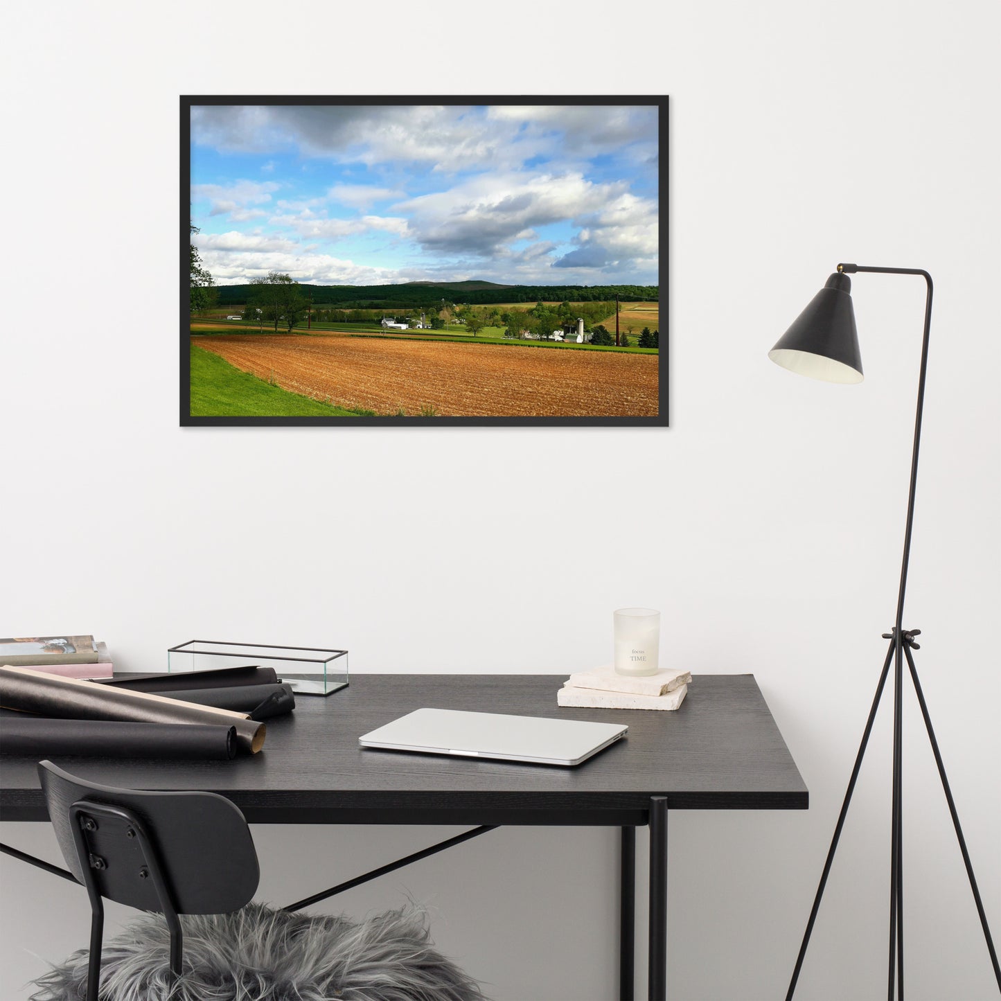 Farm Scene with Plowed Fields Framed Poster