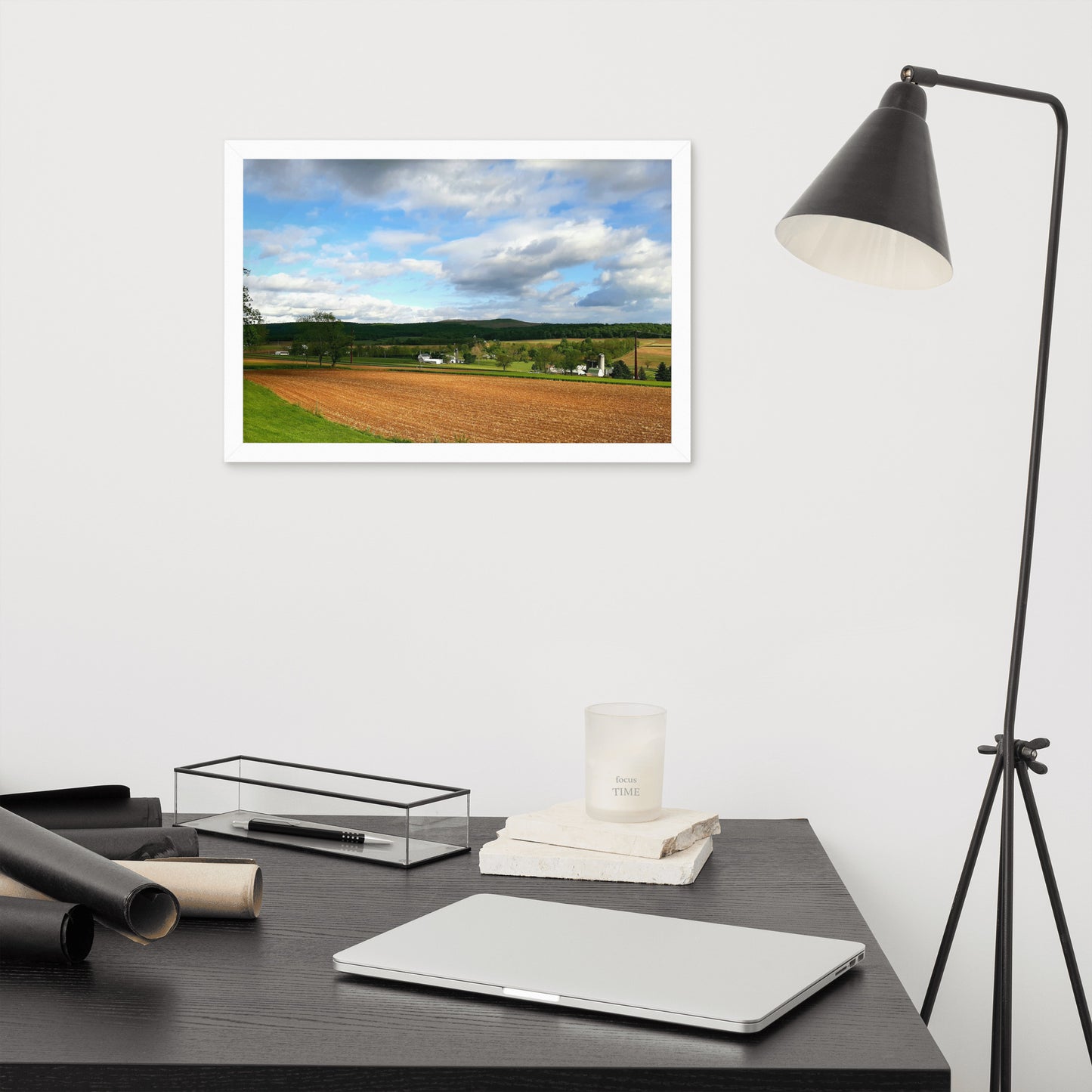 Farm Scene with Plowed Fields Framed Poster