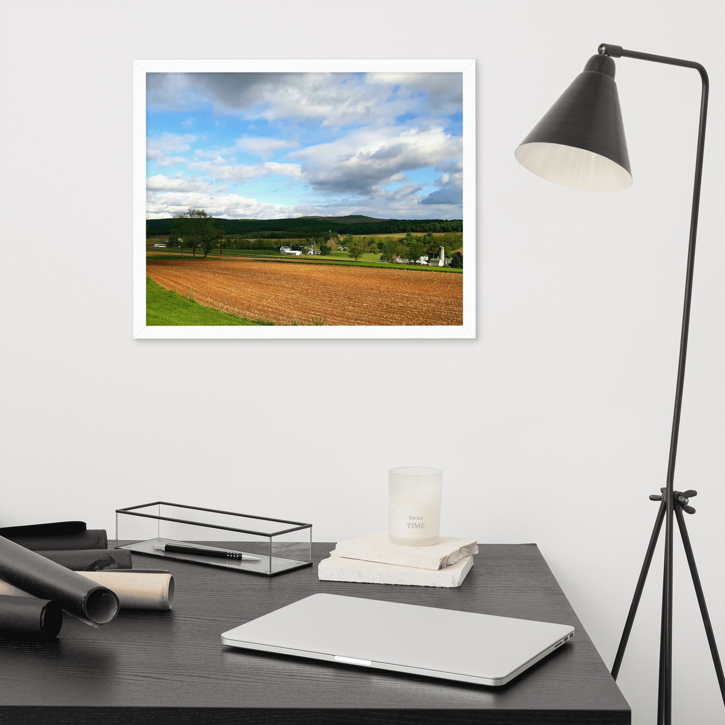 Farm Scene with Plowed Fields Framed Poster