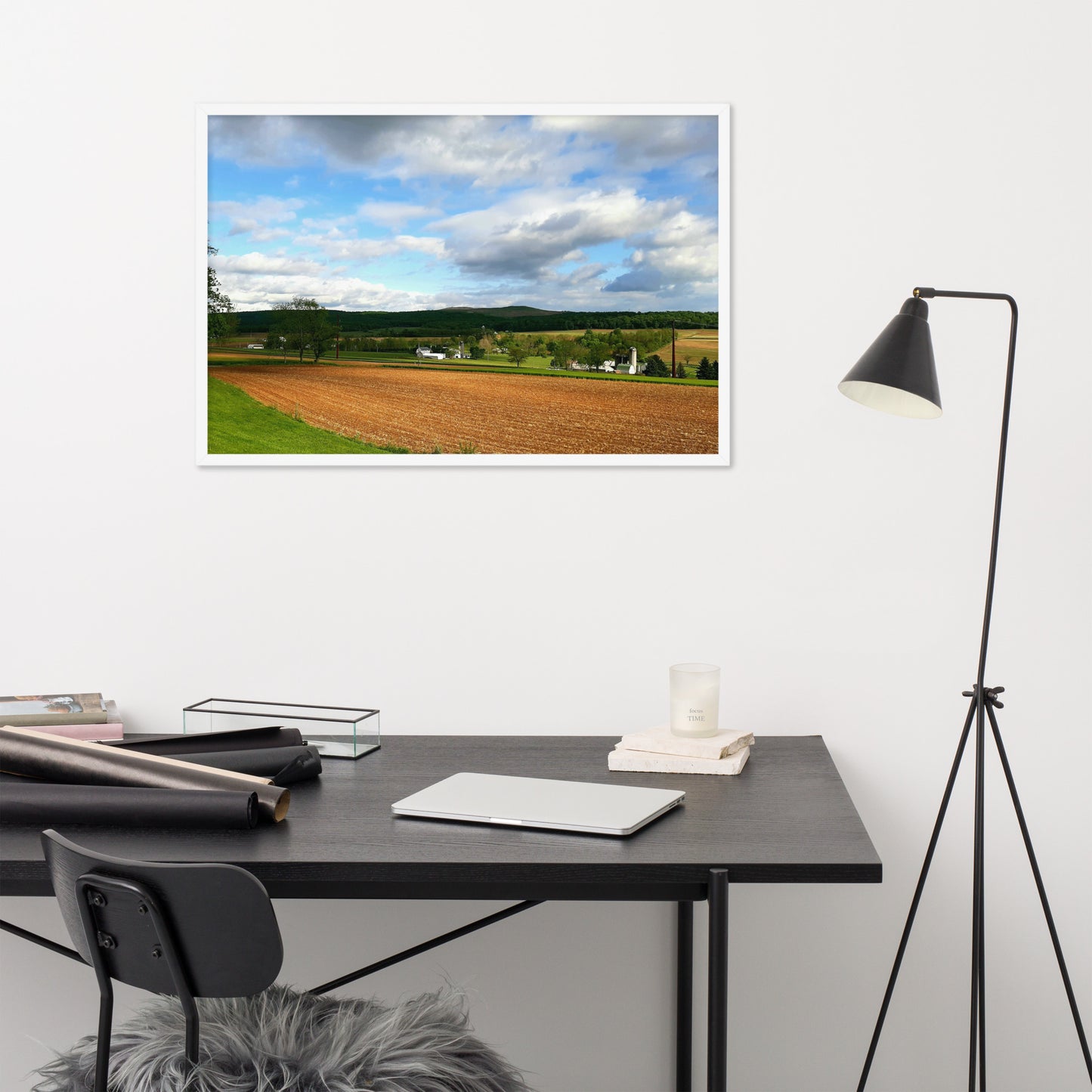 Farm Scene with Plowed Fields Framed Poster