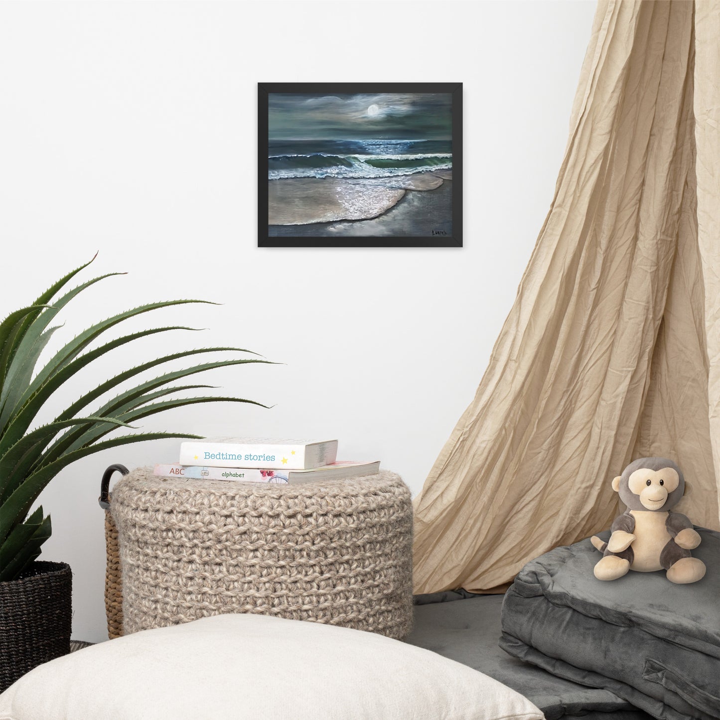 Beach Scene at Night with Full Moon Framed Poster