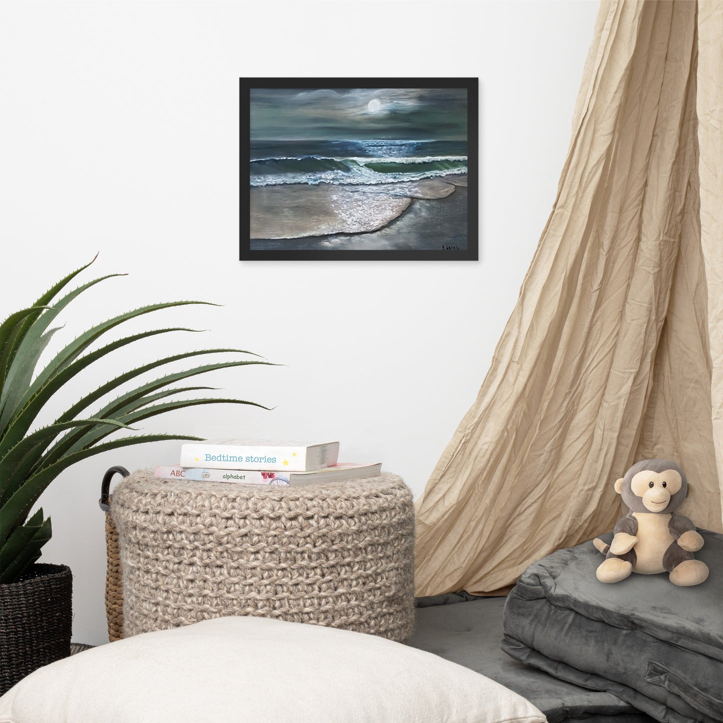 Beach Scene at Night with Full Moon Framed Poster