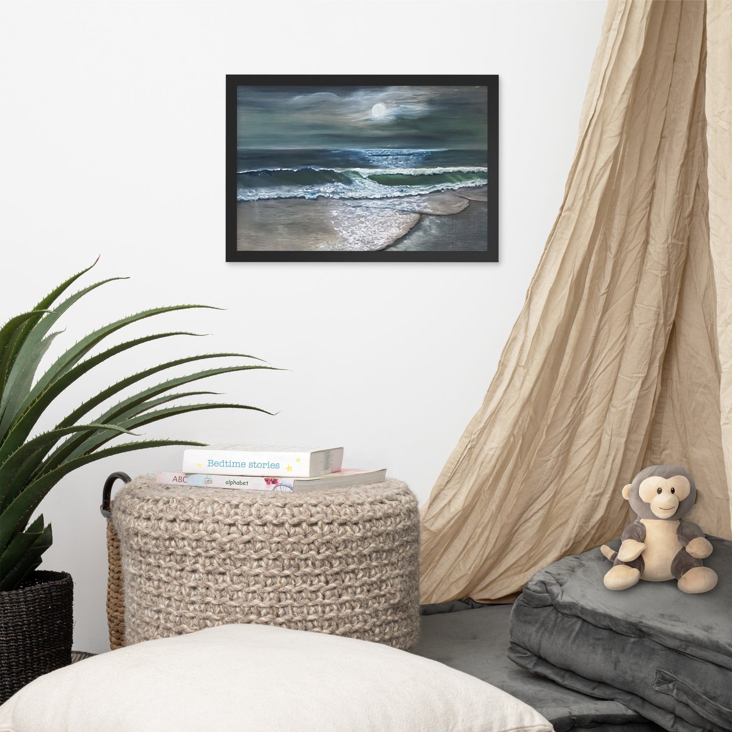 Beach Scene at Night with Full Moon Framed Poster