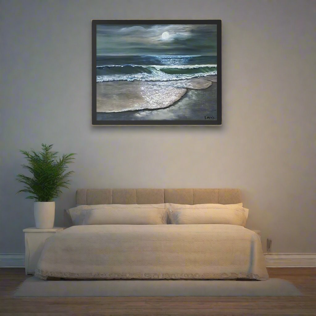 Beach Scene at Night with Full Moon Framed Poster