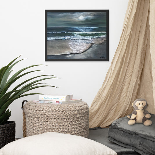 Beach Scene at Night with Full Moon Framed Poster