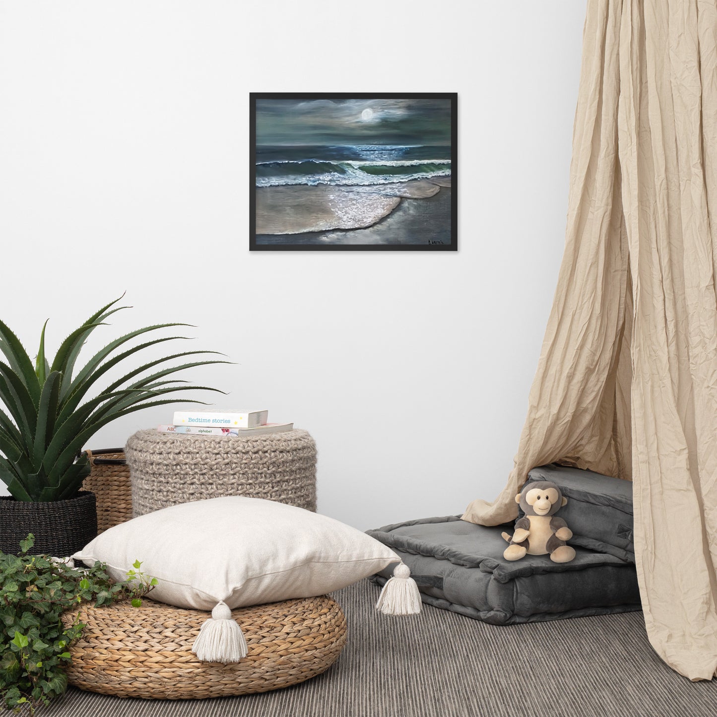 Beach Scene at Night with Full Moon Framed Poster