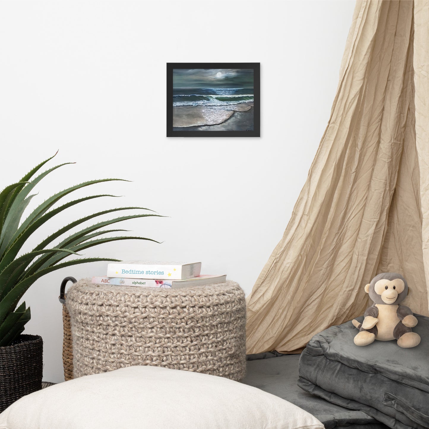 Beach Scene at Night with Full Moon Framed Poster